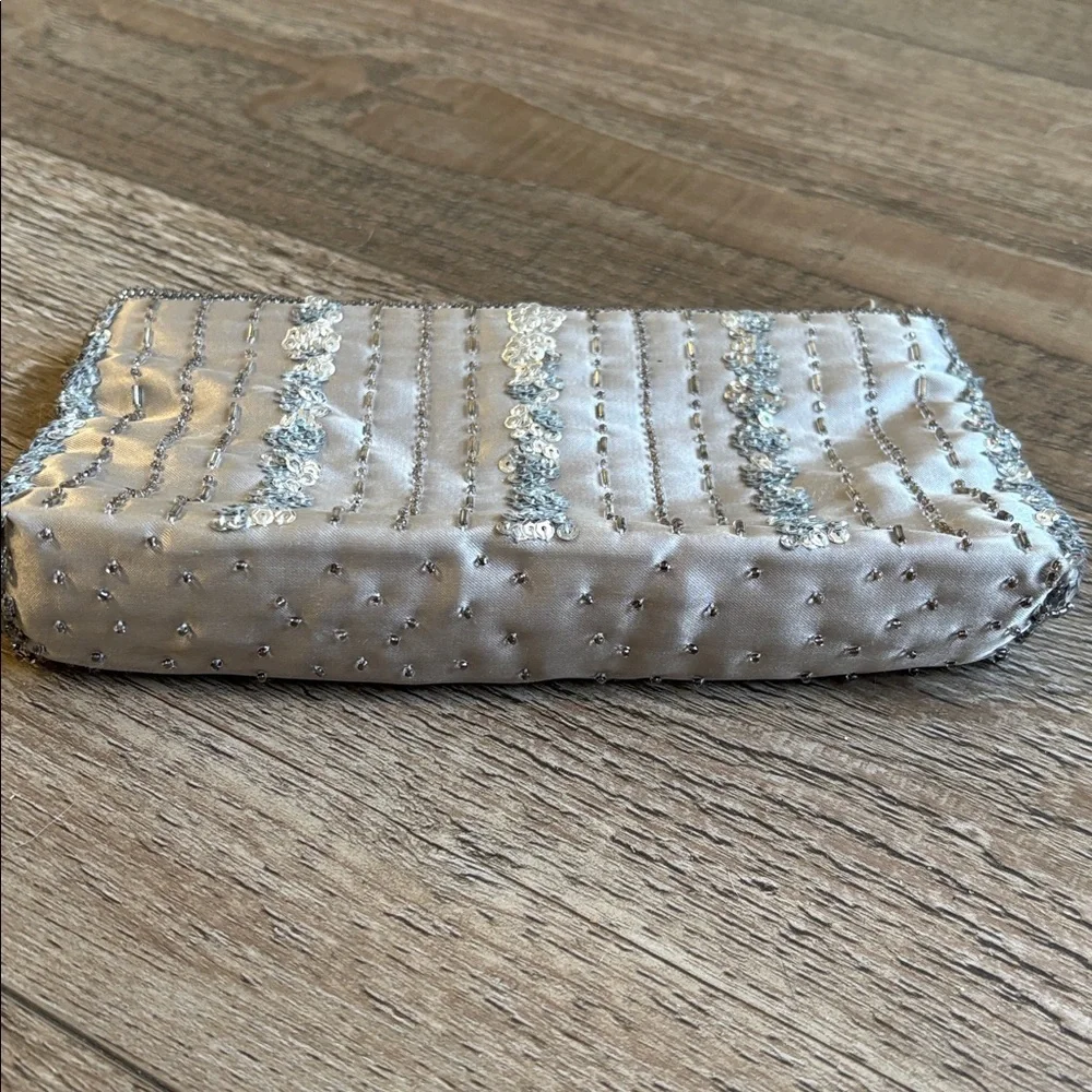 Vintage Valerie Stevens Silver Satin Clutch w Sequin & Beaded Details & Strap